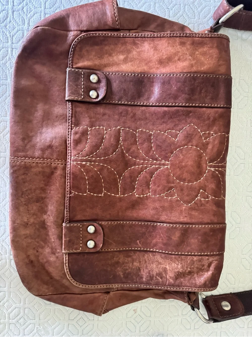 Fossil Brown Leather Laptop Messenger with Floral Stitching